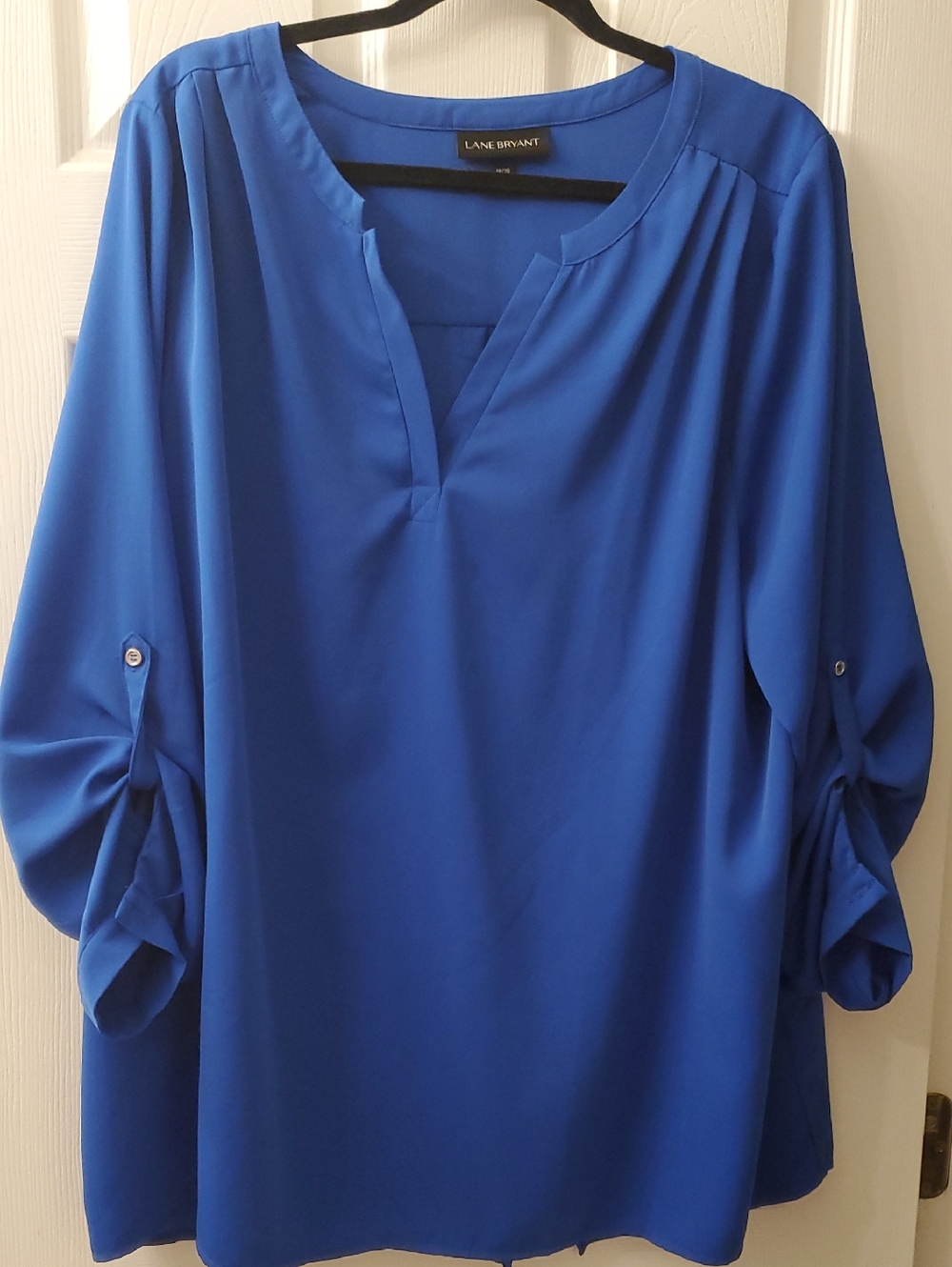 Lane Bryant Cobalt Blue V-Neck Roll-Tab Blouse